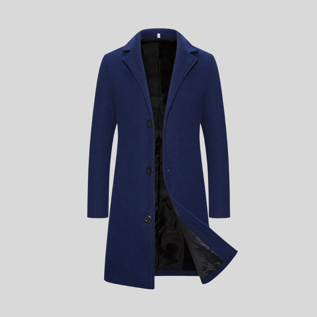 Men's navy blue classic tailored long overcoat with a lapel collar, smart autumn style.