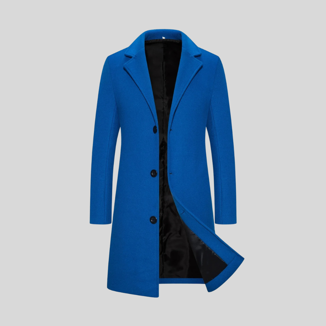 Men's royal blue classic tailored long overcoat with a lapel collar, smart autumn style.