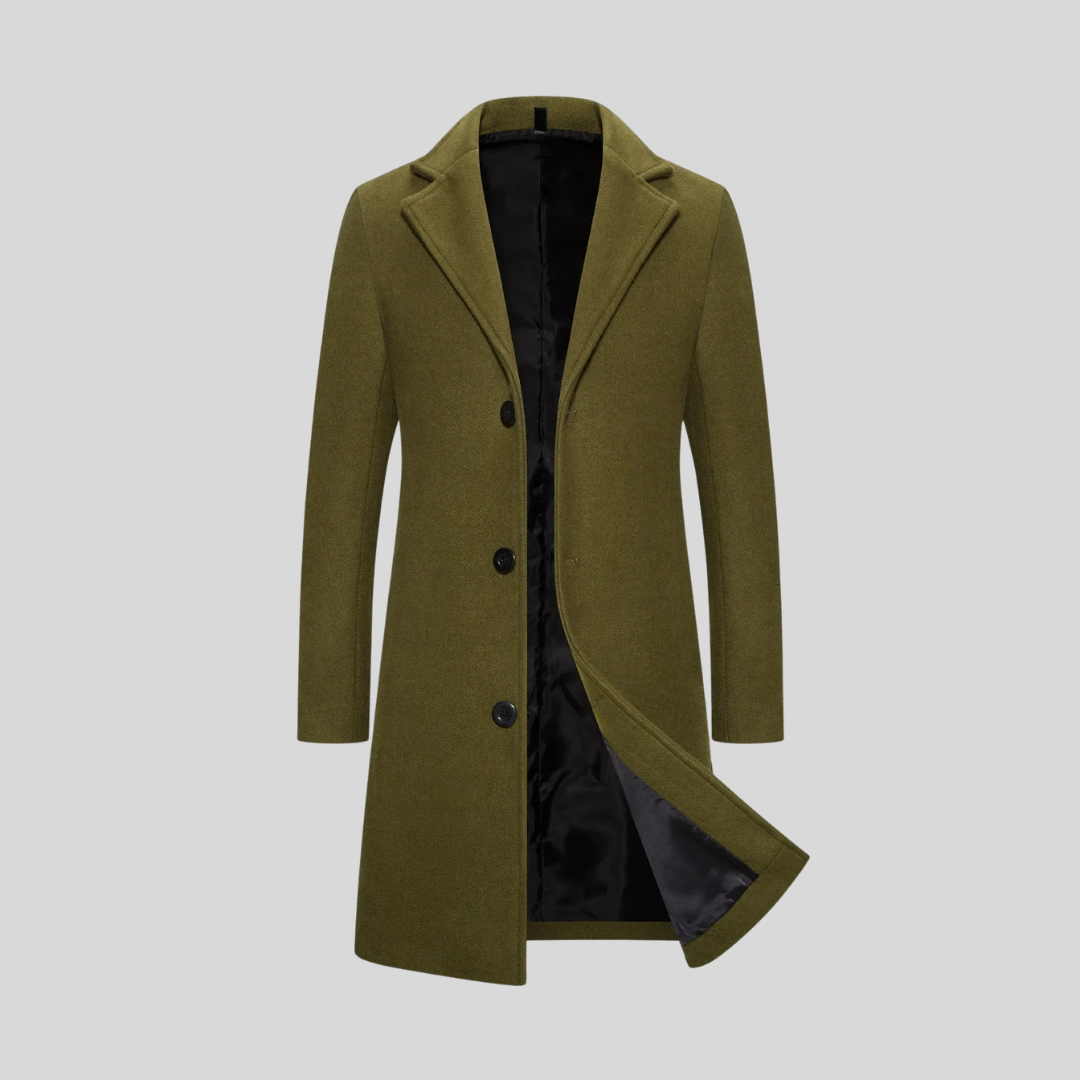 Men's military green classic tailored long overcoat with a lapel collar, smart autumn style.
