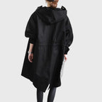 Grey Hooded water-repellent oversized long trench coat, styled product photo
