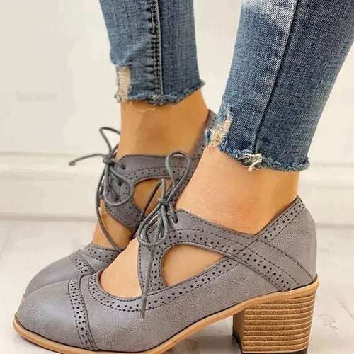Grey vintage lace-up block-heel brogue T-strap shoes, product shot