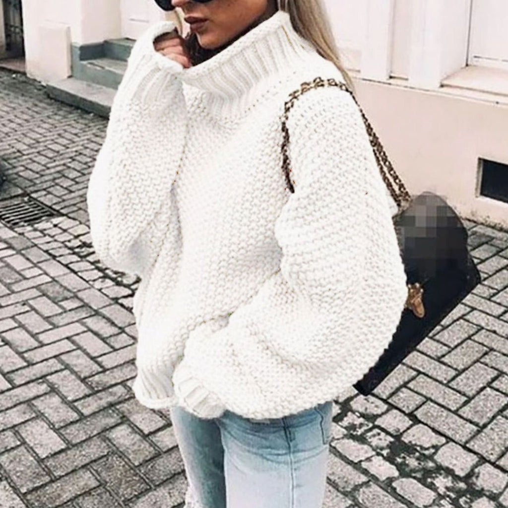 Chunky knit oversized turtleneck jumper for women, shown in multiple colourways