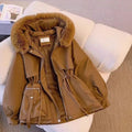 Brown faux fur hooded coat with fleece lining and drawstring waist for winter warmth.