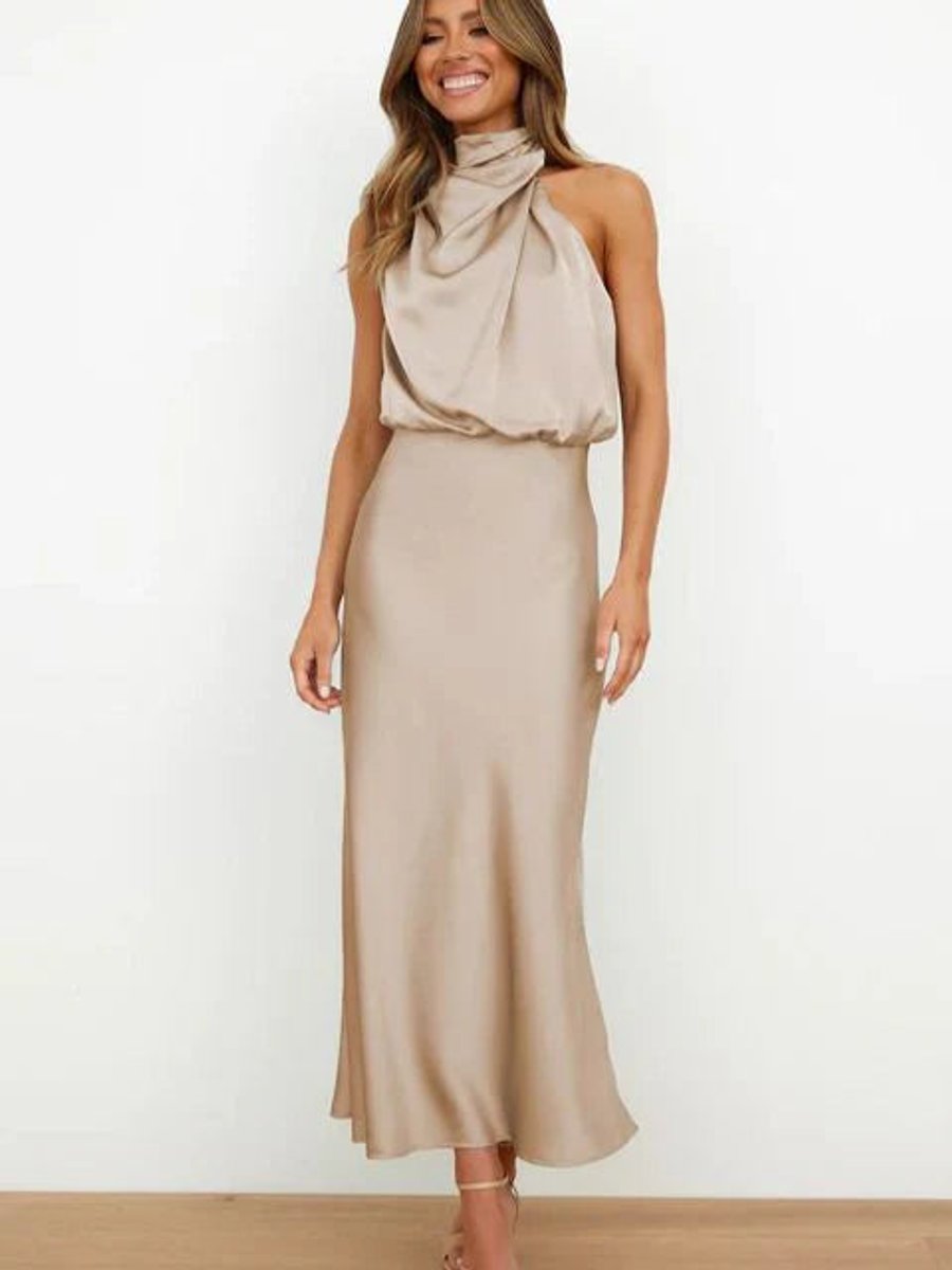 Beige Satin halter-neck midi dress for evening occasions