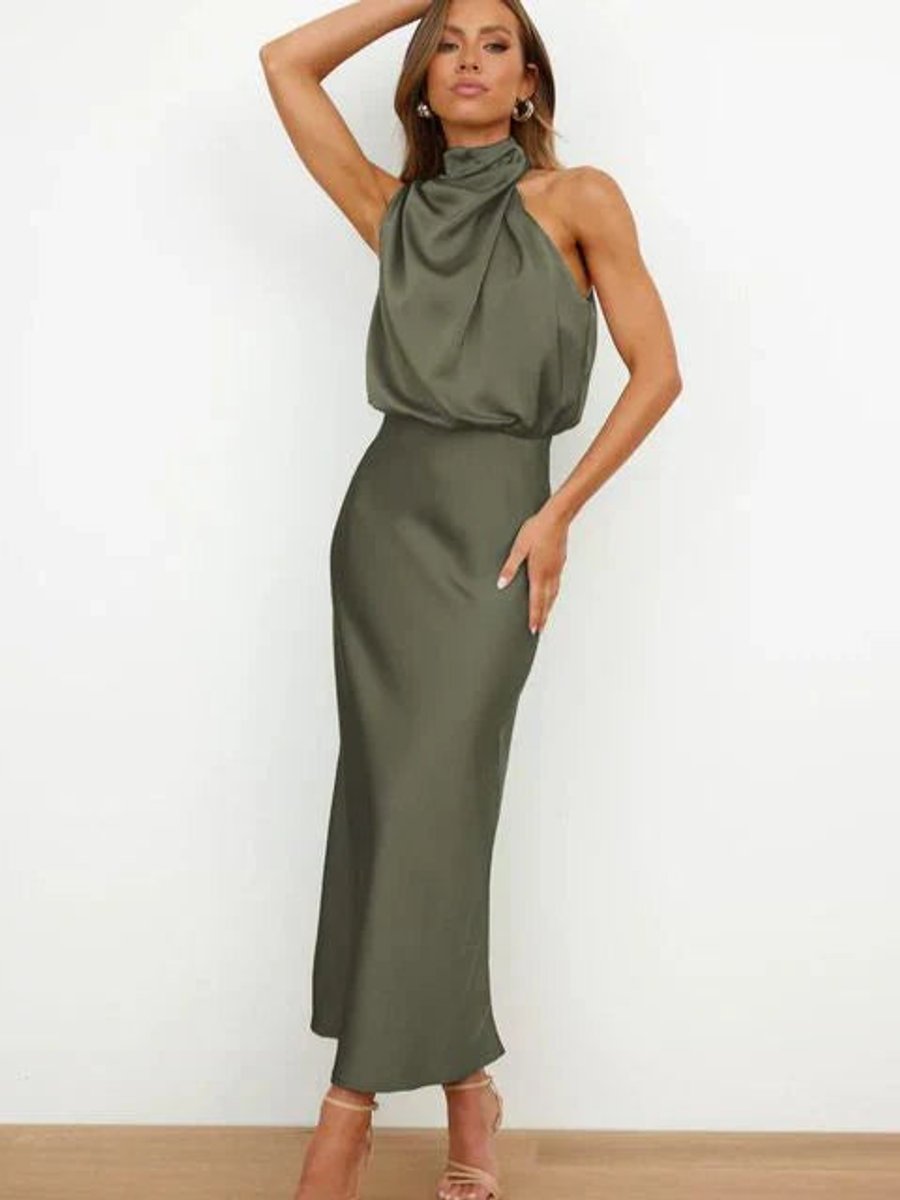 Green Satin halter-neck midi dress for evening occasions
