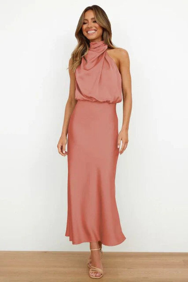 Pink Satin halter-neck midi dress for evening occasions