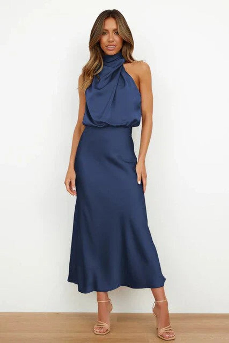 Blue Satin halter-neck midi dress for evening occasions