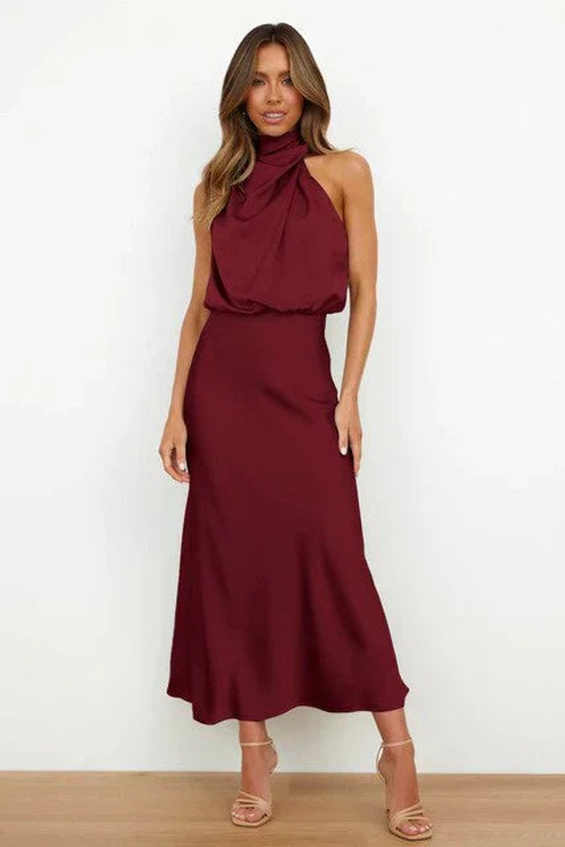 Red Satin halter-neck midi dress for evening occasions