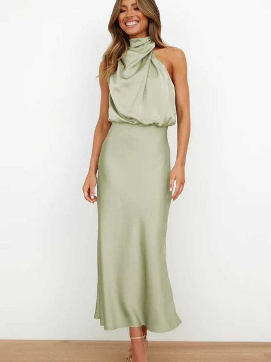 Army Green Satin halter-neck midi dress for evening occasions