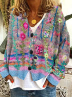 Grey Floral printed button-up oversized cardigan