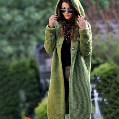 Green hooded ribbed knit maxi cardigan with open front, product shot