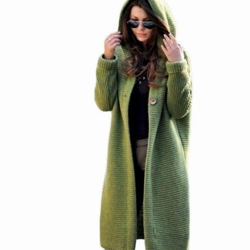 Green hooded ribbed knit maxi cardigan, styled with sunglasses and hood up