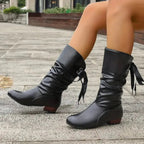 Product photo of the black lace-up mid-calf block heel slouchy ankle boots