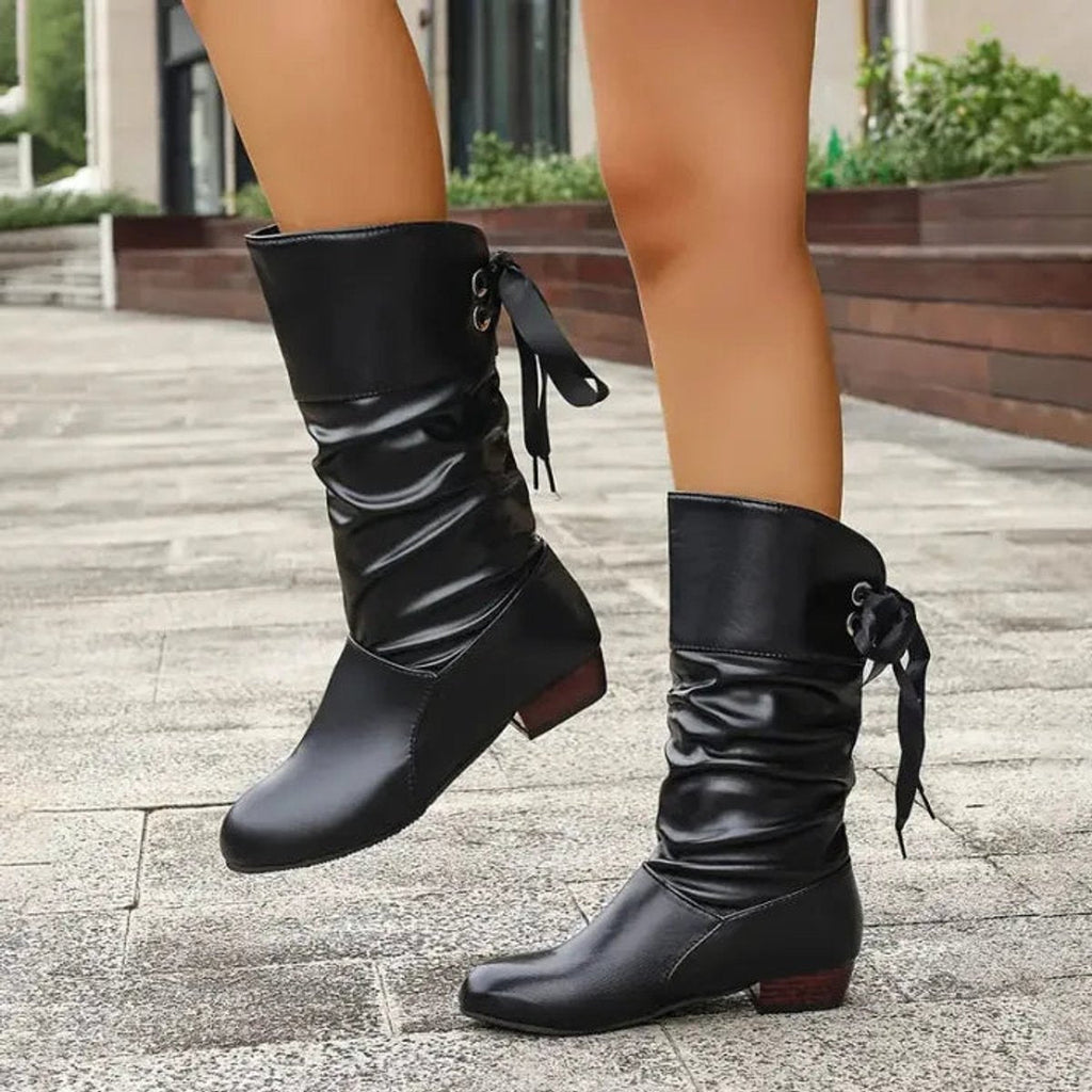 Black Lace-up mid-calf block heel slouchy ankle boots, styled product photo