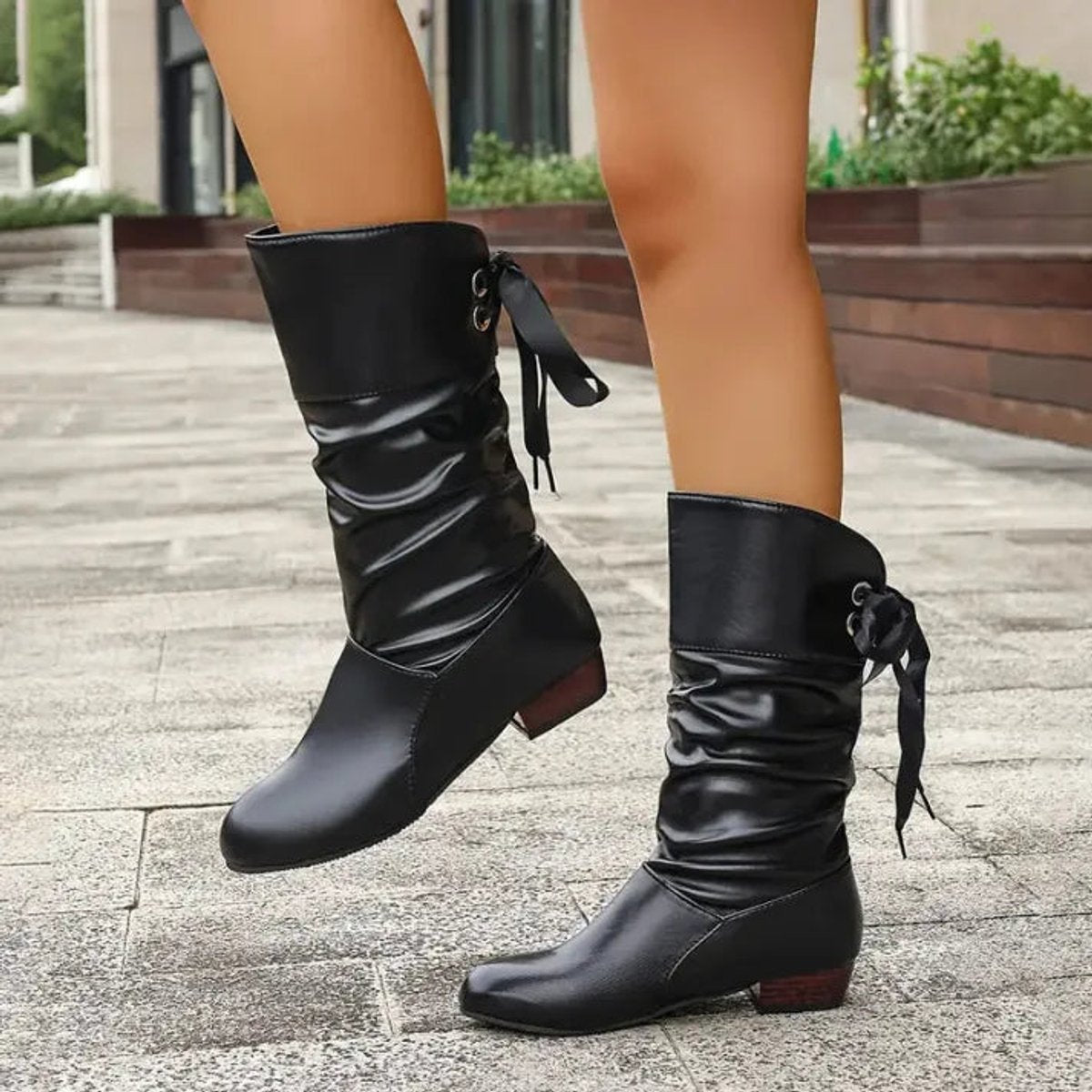 Black Lace-up mid-calf block heel slouchy ankle boots, styled product photo