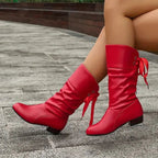 Black Lace-up mid-calf block heel slouchy ankle boots shown in a product photo