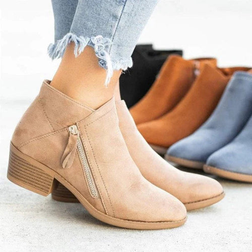 Women's beige low-heel side-zip suede ankle boots