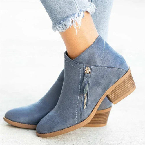 Women's blue low-heel side-zip suede ankle boots