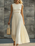 Cream Sleeveless pleated maxi dress with knit bodice