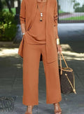 Caramel three-piece wide-leg co-ord set with relaxed layering silhouette