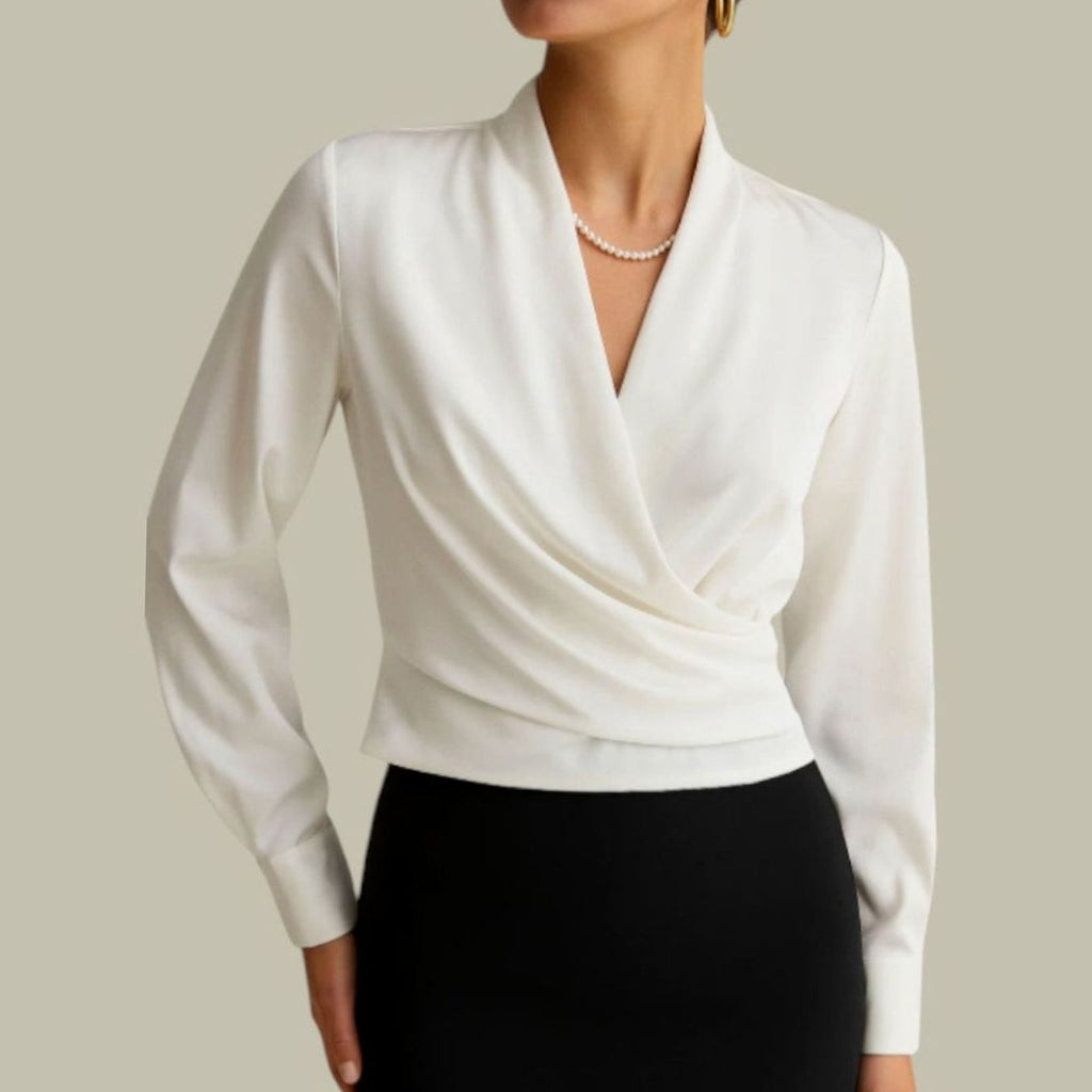 White wrap-front long-sleeve satin blouse for women, V-neck, elegant style