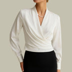 White wrap-front long-sleeve satin blouse for women, V-neck, elegant style