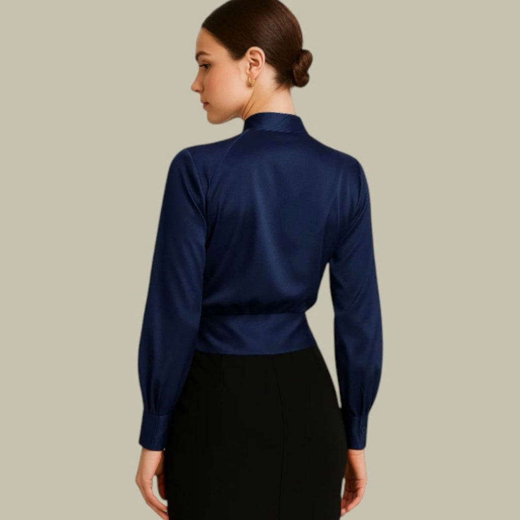 Blue wrap-front long-sleeve satin blouse for women, V-neck, elegant style