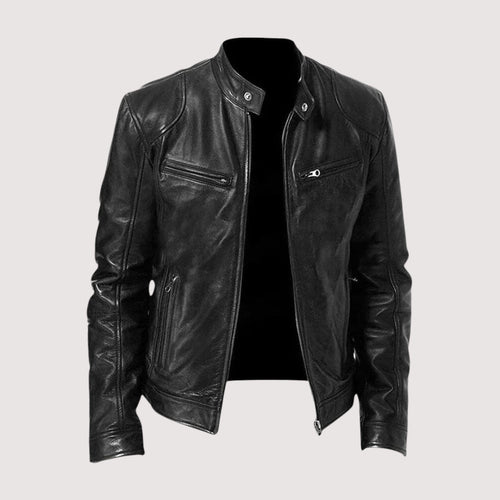 Men's structured faux leather biker jacket in black with a snap collar.