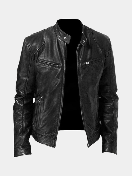 Structured biker jacket for men in faux leather, featuring a snap-collar design.