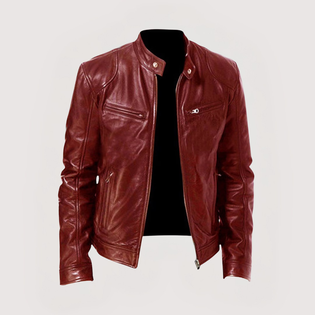 Men's structured faux leather biker jacket in burgundy with a snap collar.