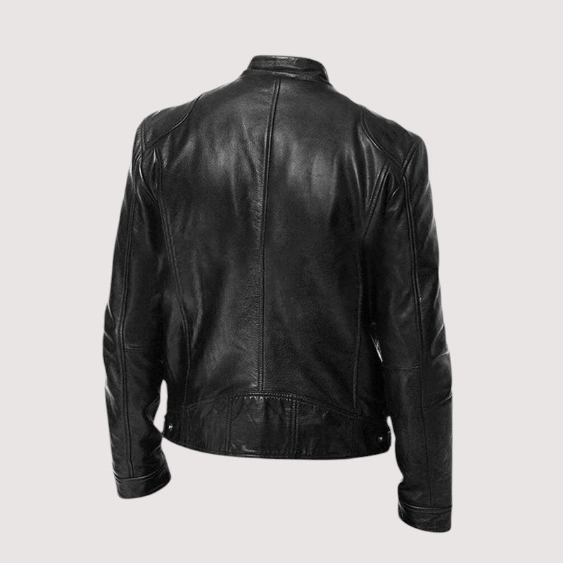 Structured faux leather biker jacket for men, finished with a snap collar.