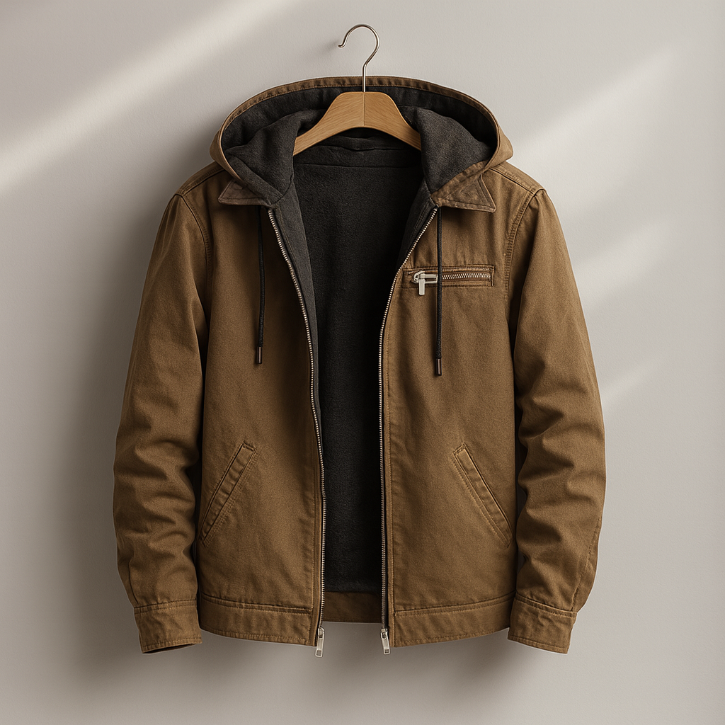 Men's brown fleece-lined jacket with a removable hood for autumn