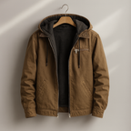 Men's brown fleece-lined jacket with a removable hood for autumn