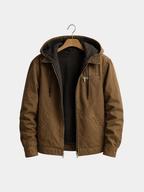 Men's brown fleece-lined jacket with a removable hood for autumn