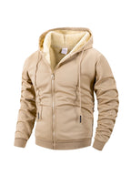 Beige sherpa-lined full-zip fleece hoodie for men, product shot
