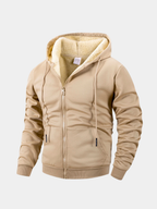 Beige sherpa-lined full-zip fleece hoodie for men, on hanger showing the lining