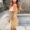 Gold Fringe feather-trim cocktail dress for evenings