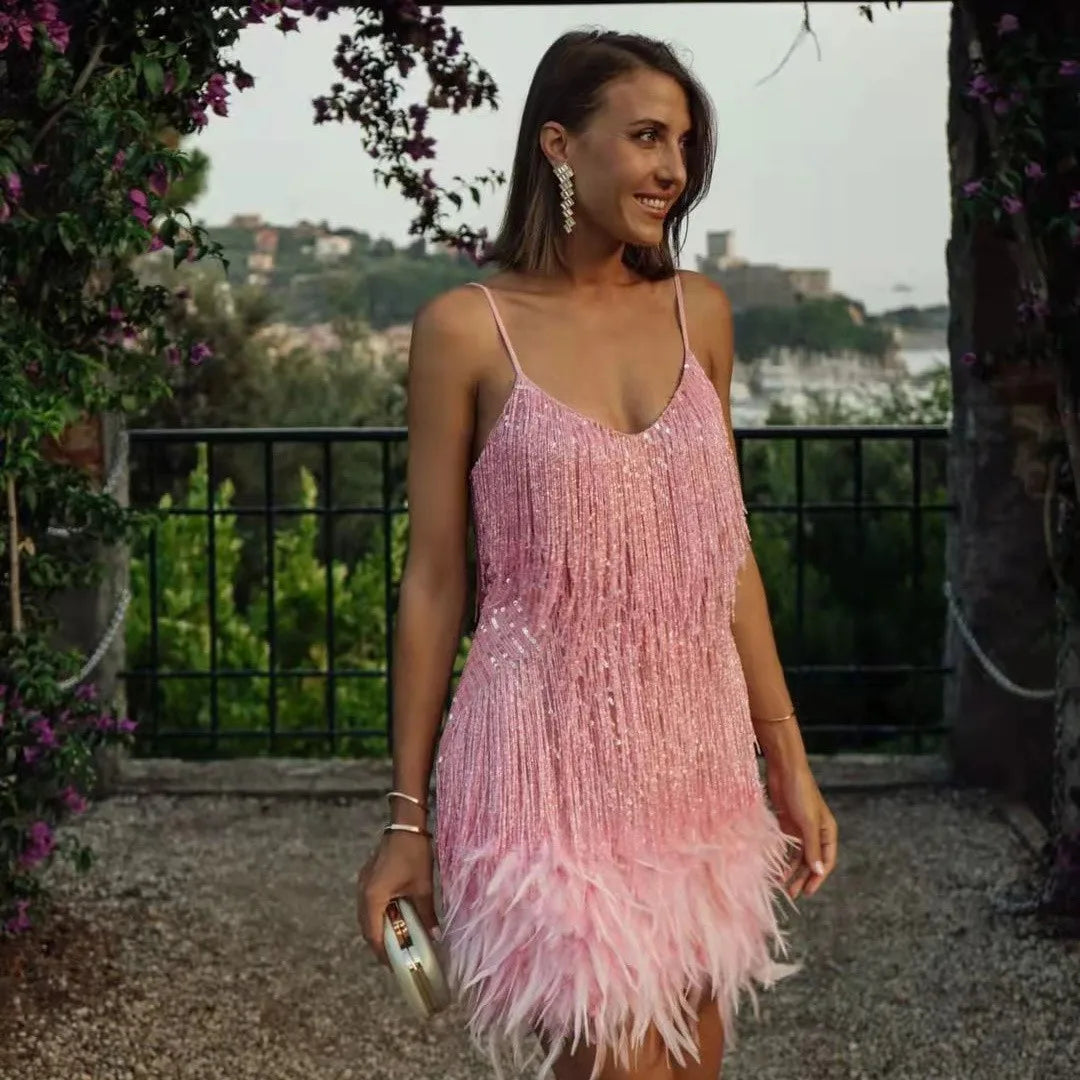 Light Pink Fringe feather-trim cocktail dress for evenings