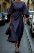 Navy blue belted kimono-sleeve midi dress, elegant occasion style for women