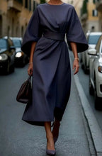 Navy blue belted kimono-sleeve midi dress, elegant occasion style for women