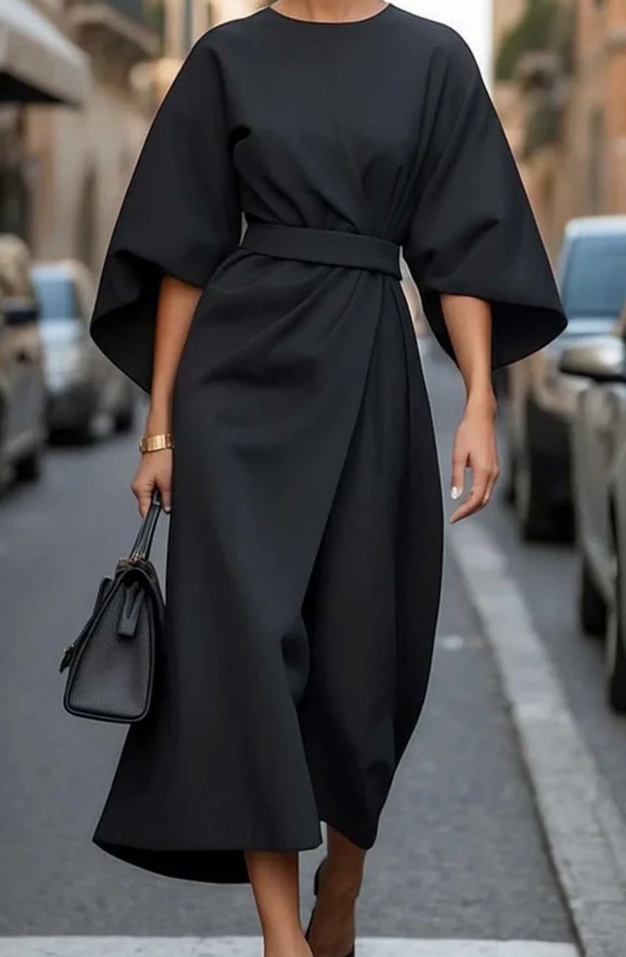 Navy blue belted kimono-sleeve midi dress, elegant occasion style for women
