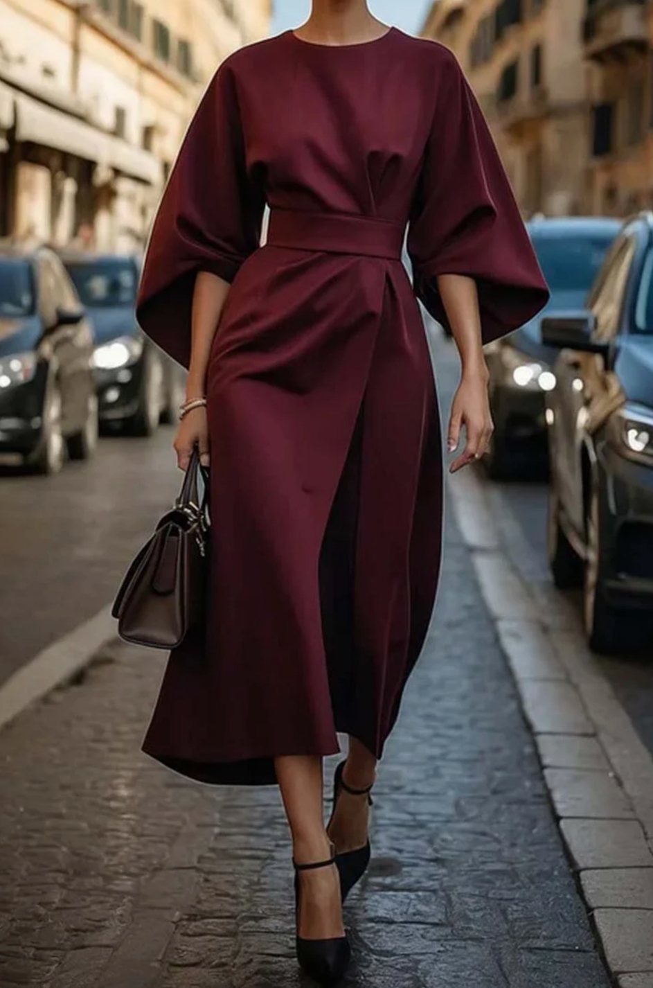 Bordeaux belted kimono-sleeve midi dress, elegant occasion style for women
