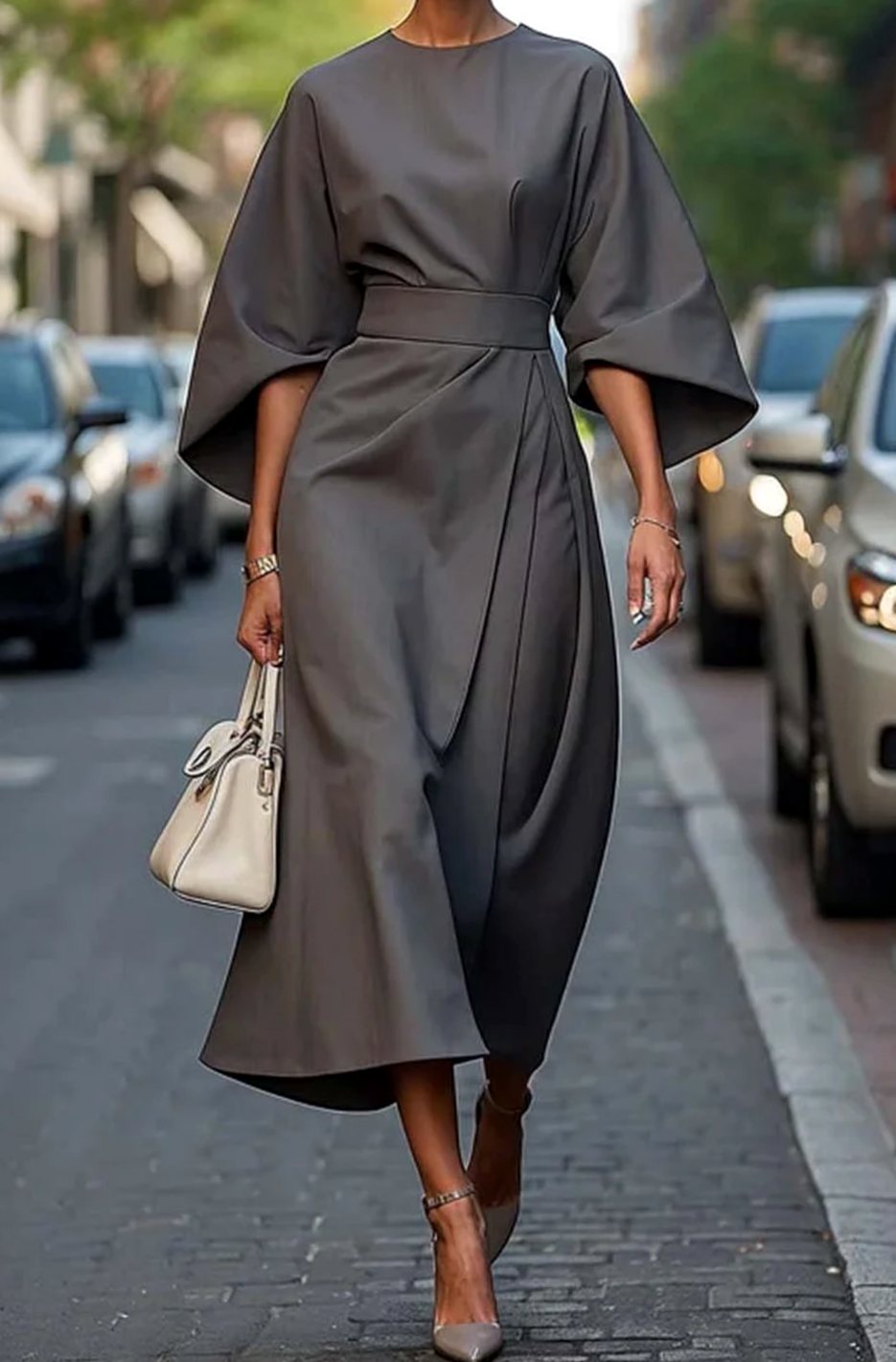 Grey belted kimono-sleeve midi dress, elegant occasion style for women