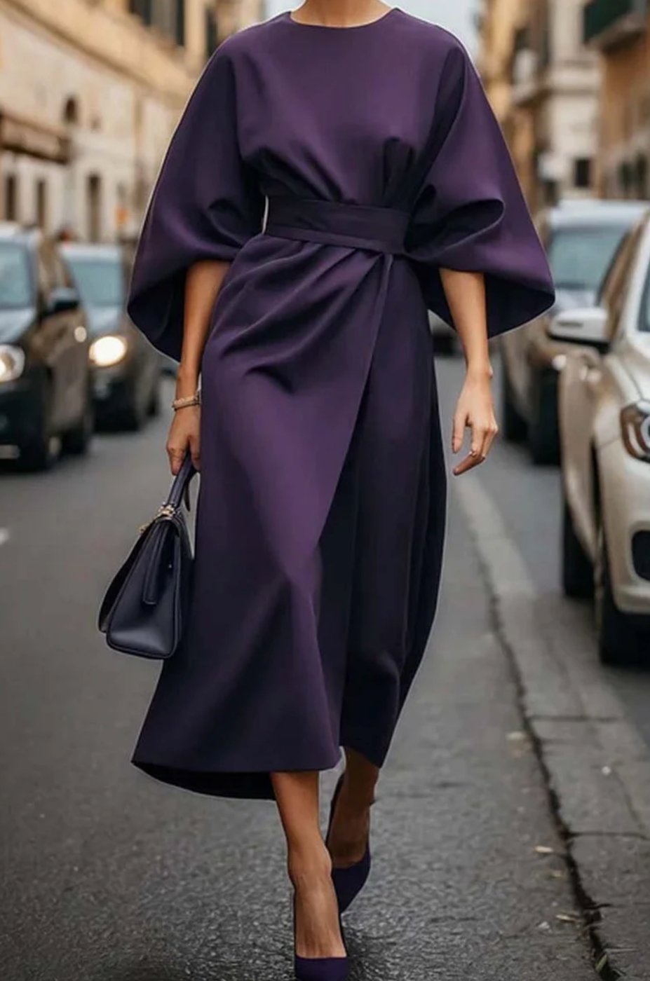 Violet belted kimono-sleeve midi dress, elegant occasion style for women