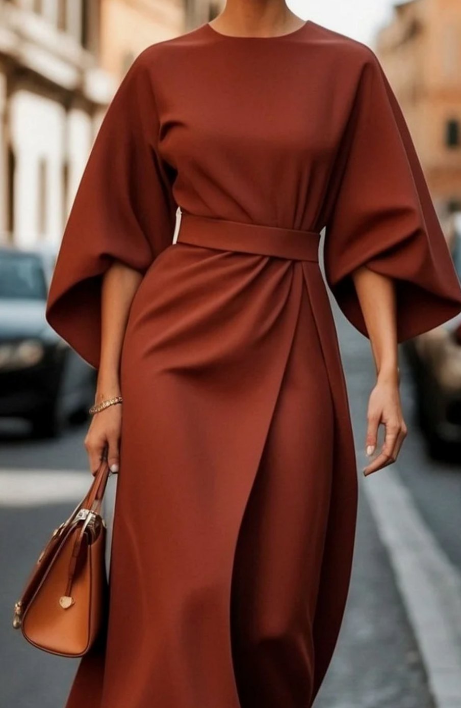 Rust brown belted kimono-sleeve midi dress, elegant occasion style for women