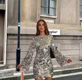 Silver Sparkling sequin long sleeve mini cocktail dress