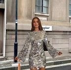 Silver Sparkling sequin long sleeve mini cocktail dress