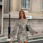 Product photo of the silver sparkling sequin long sleeve mini cocktail dress