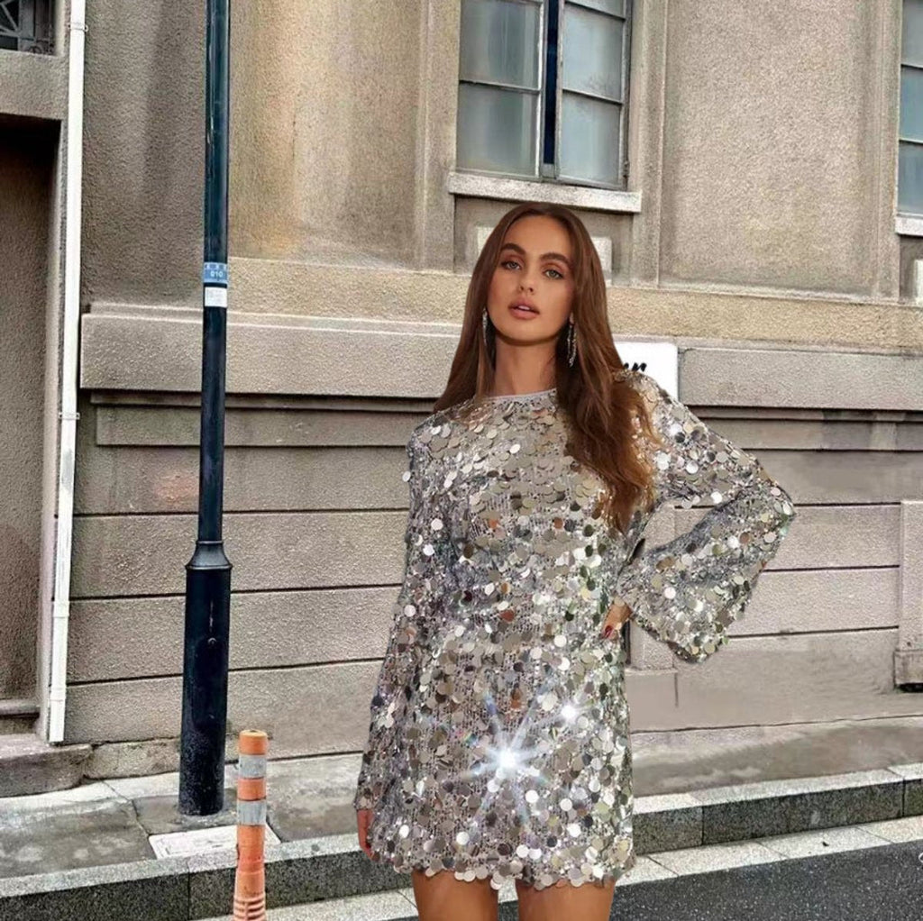 Silver Sparkling sequin long sleeve mini cocktail dress, styled product photo