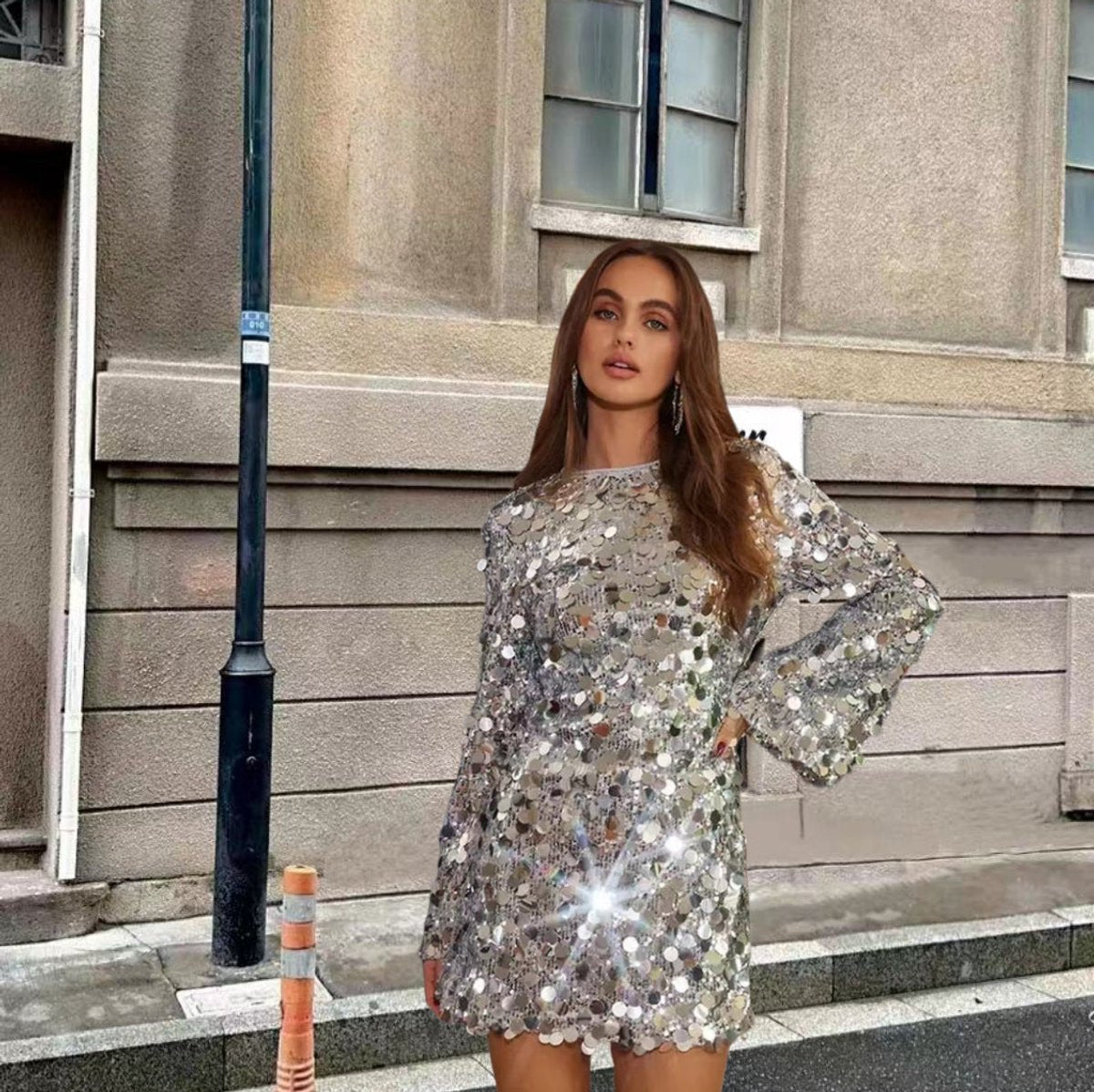Silver Sparkling sequin long sleeve mini cocktail dress, styled product photo